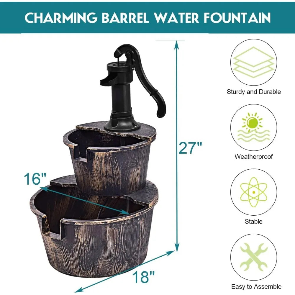 Outdoor Tiered Barrel Water Fountain for Garden Decor