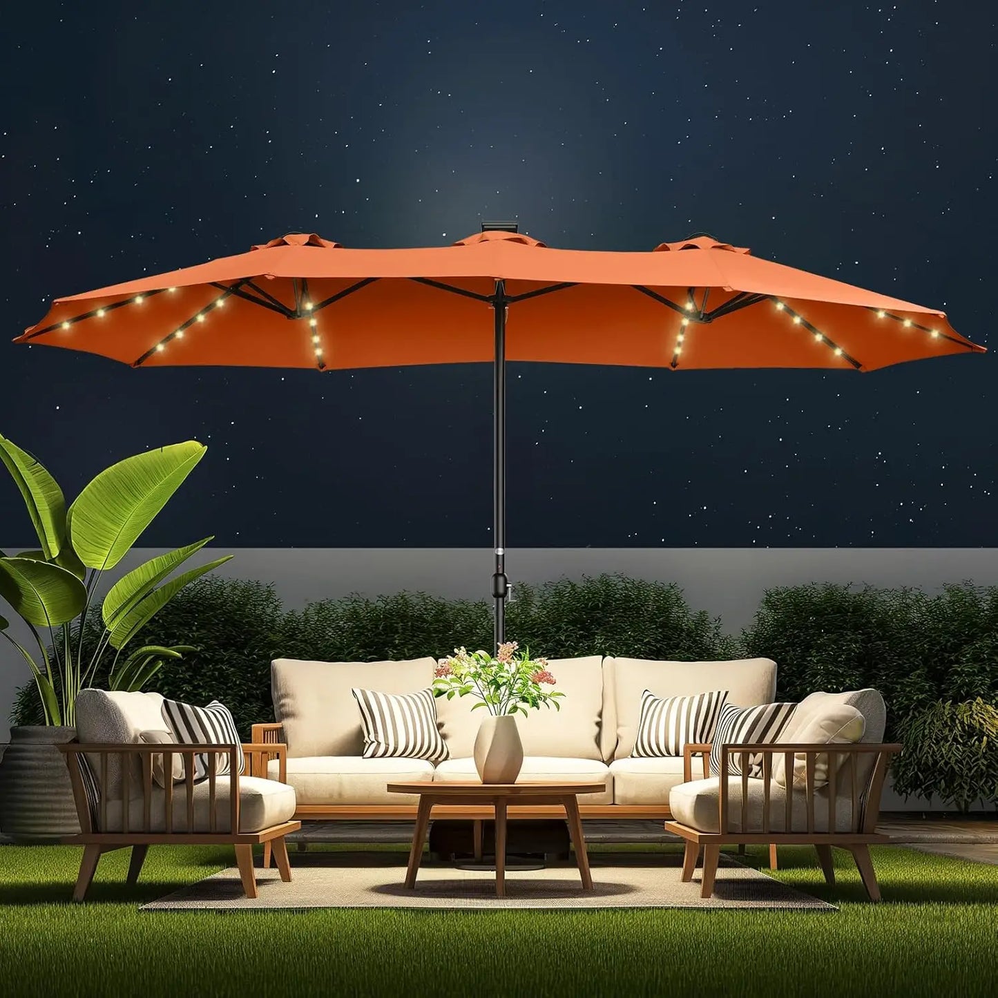 Double Sided Patio Umbrella with Solar Lights for Outdoor Enjoyment