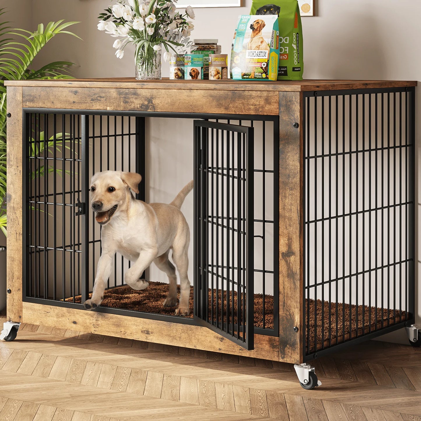 Elegant Wooden Dog Crate Furniture with Cushioned Comfort