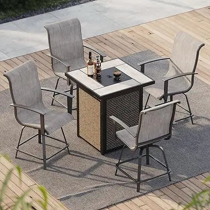 5-Piece Outdoor Swivel Bar Set with Fire Pit Table