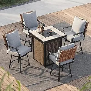 5-Piece Outdoor Swivel Bar Set with Fire Pit Table