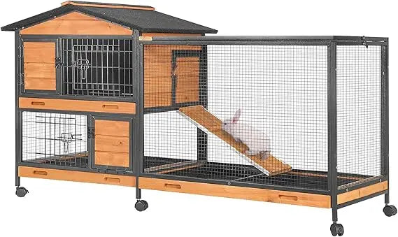 Chew-Resistant Metal Rabbit Hutch with Wheels and Leakproof Tray