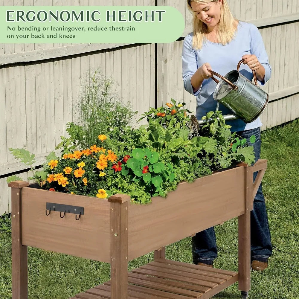Elevated Wooden Planter Box with Lockable Wheels for Gardens