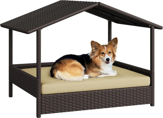 Wicker Dog House with Canopy and Elevated Cushion Shelter
