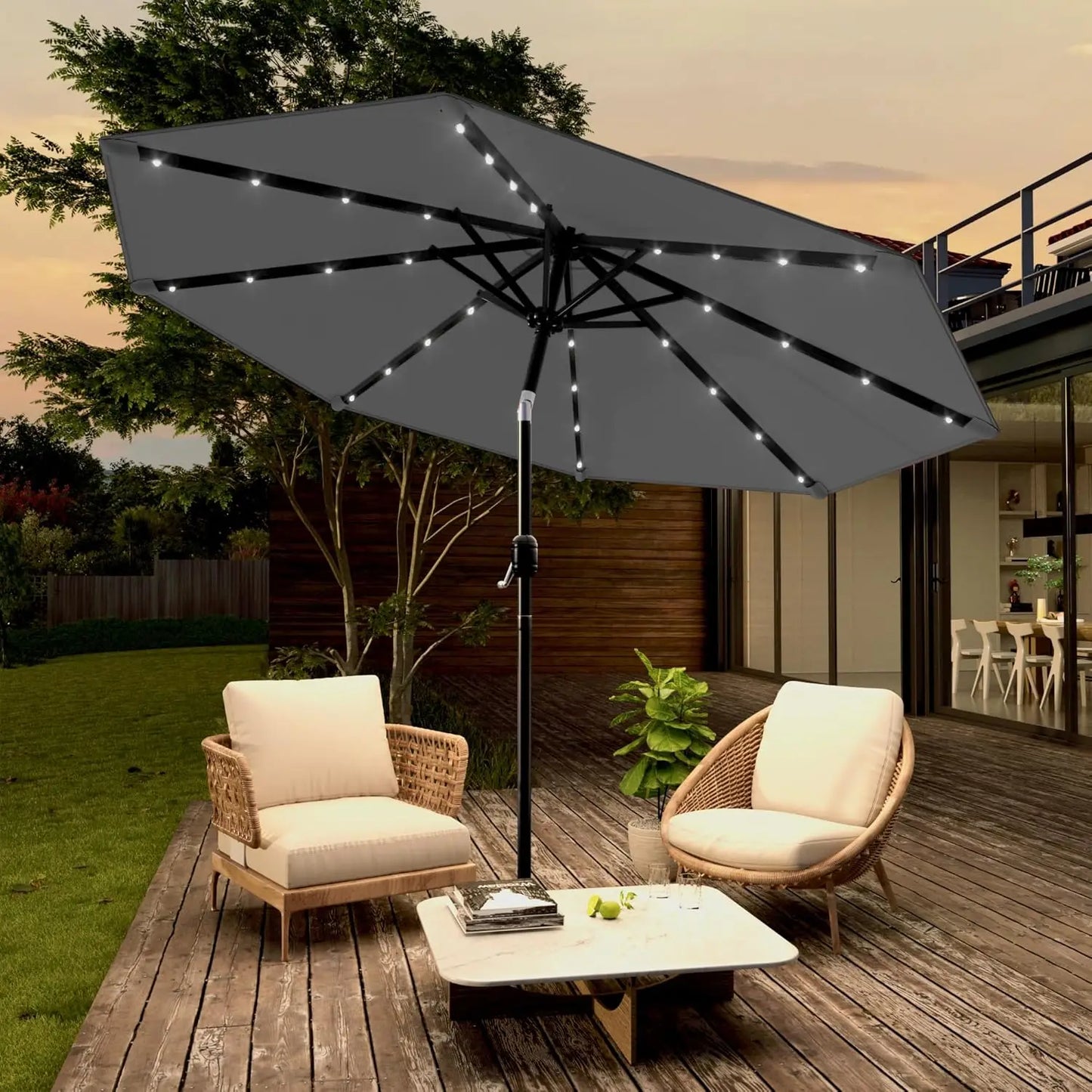 Solar Powered Patio Umbrella with 32 LED Lights and Tilt