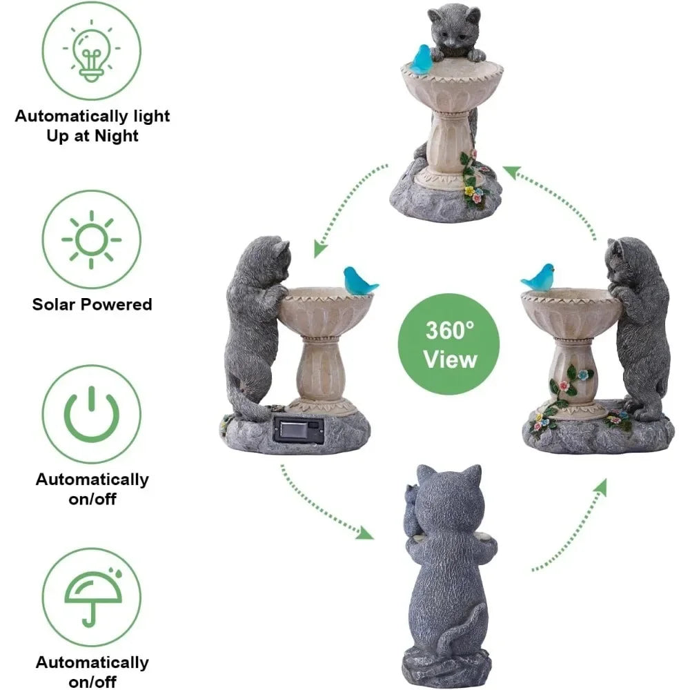 Solar Cat Statues for Outdoor Bird Baths and Garden Decor