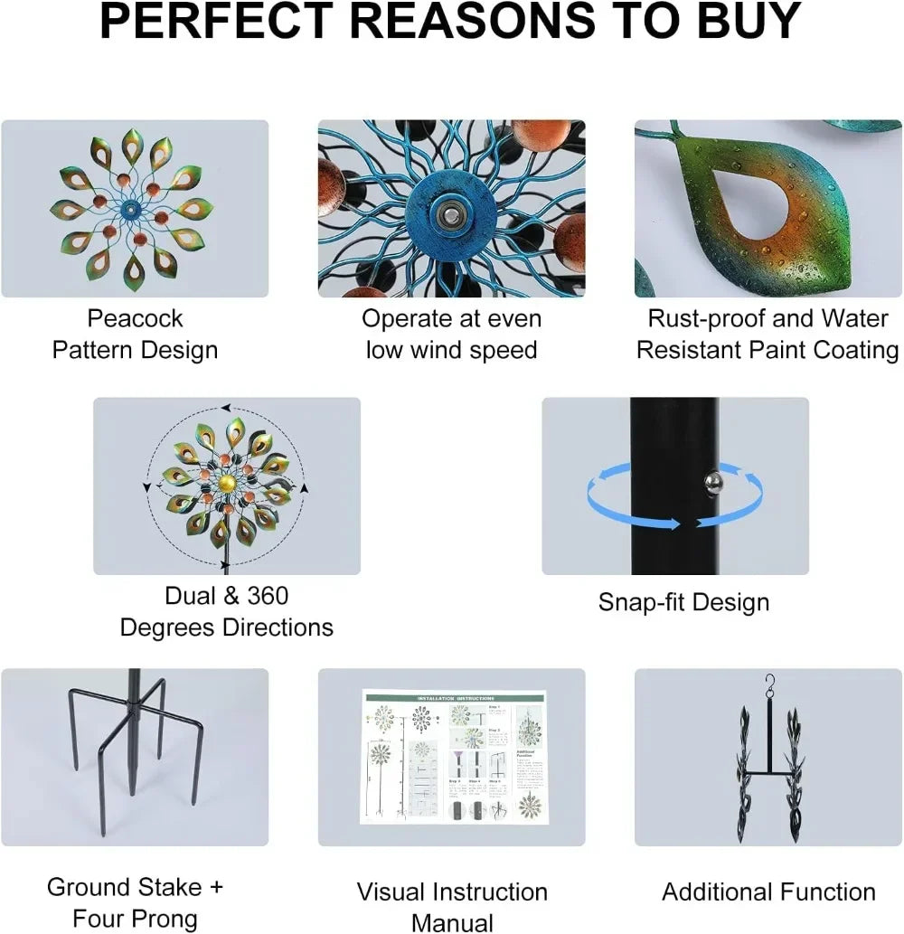 Kinetic Wind Spinner Garden Stake Metal Peacock Outdoor Decoration