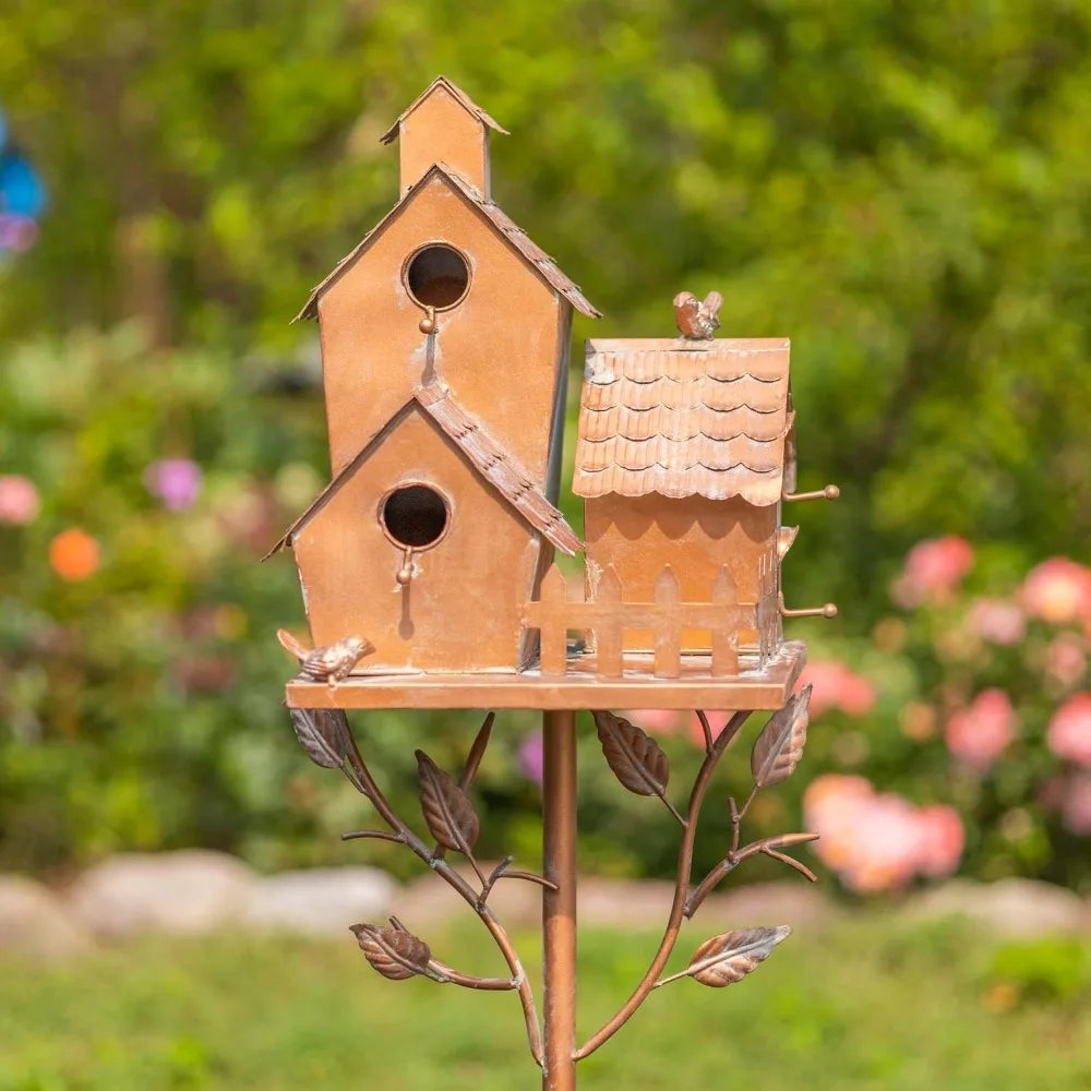 Copper Colored Multi-Birdhouse Stakes for Four Bird Families