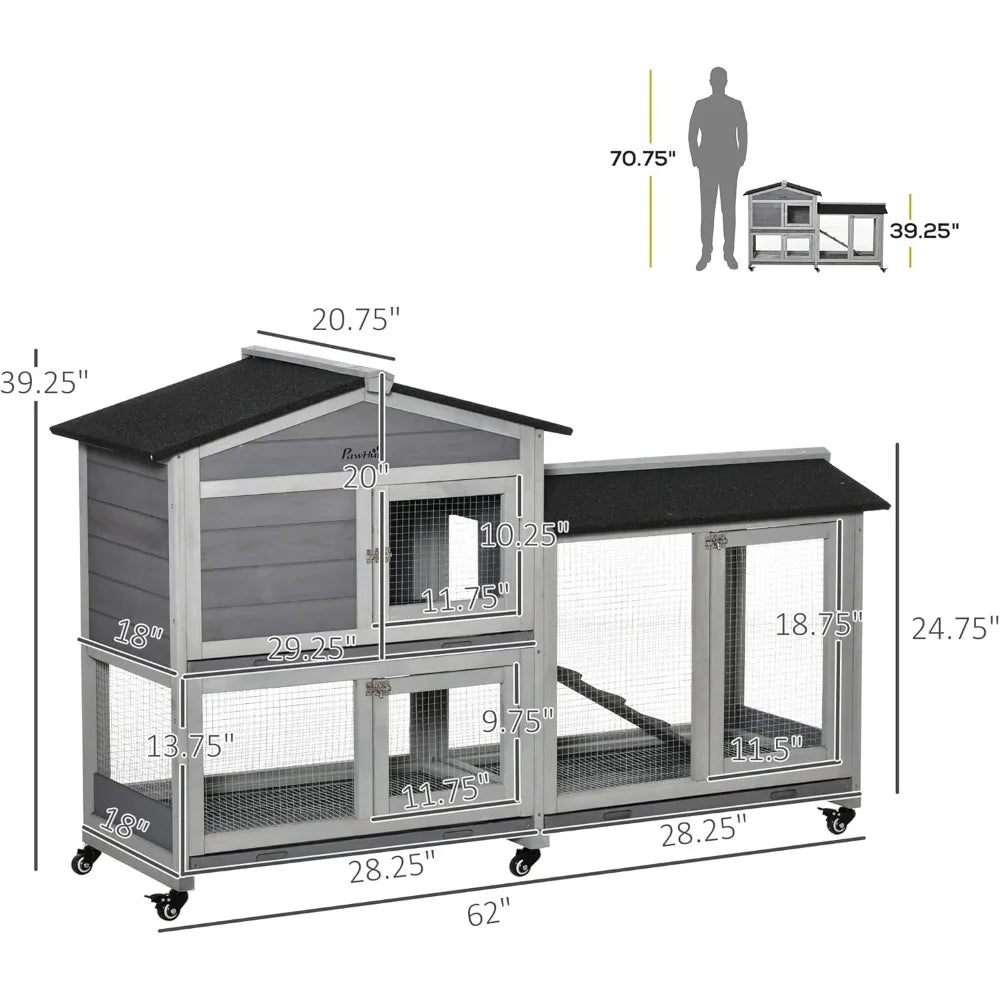 Wooden Rabbit Hutch with Wheels and Removable Tray for Small Animals