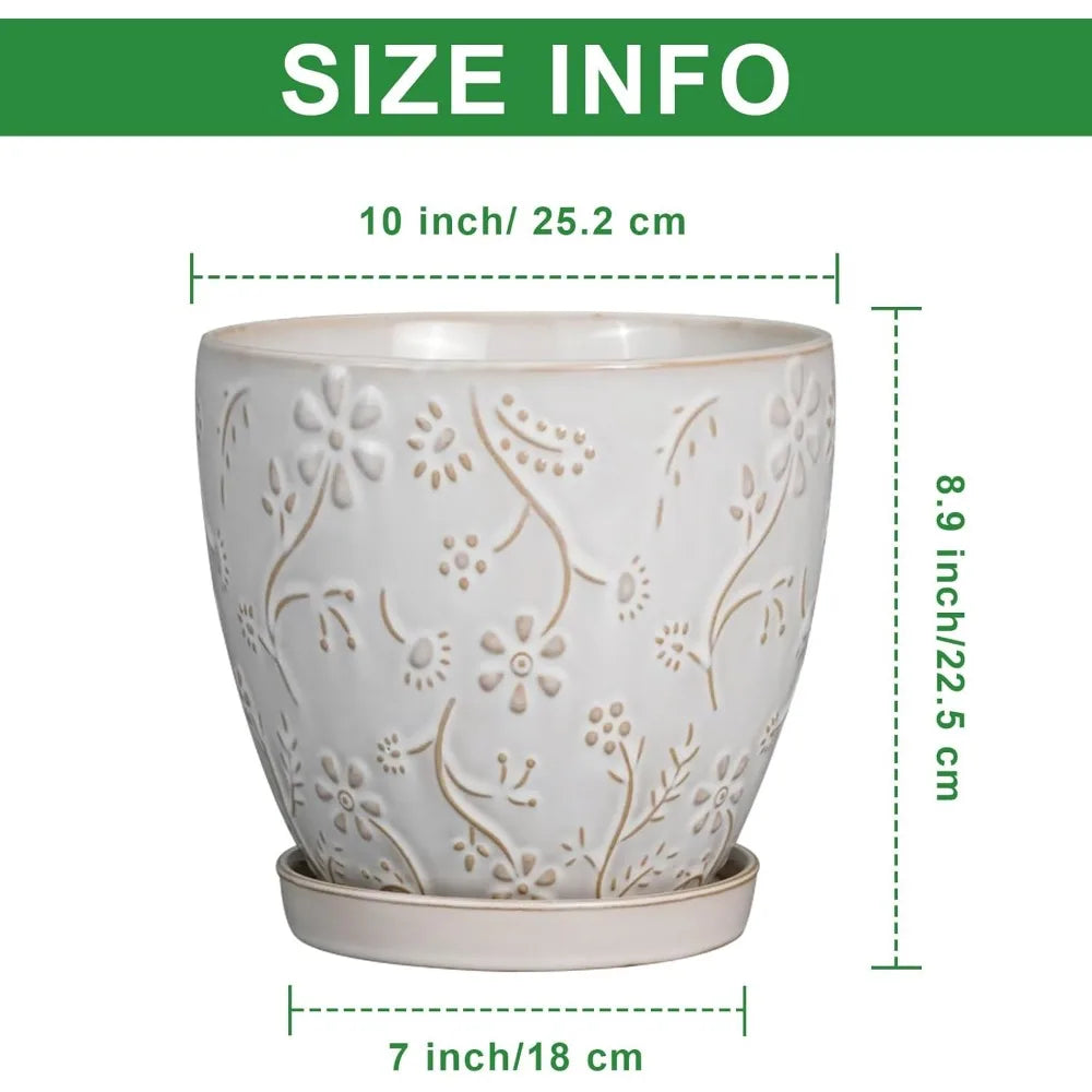 Large Round Ceramic Planter Pot with Drainage Hole and Saucer