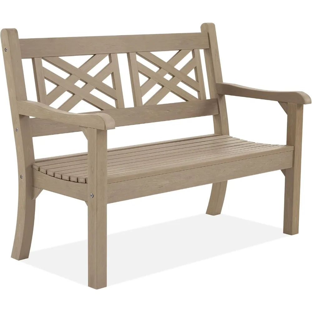 All-Weather Outdoor Bench with Decorative Backrest and Armrests