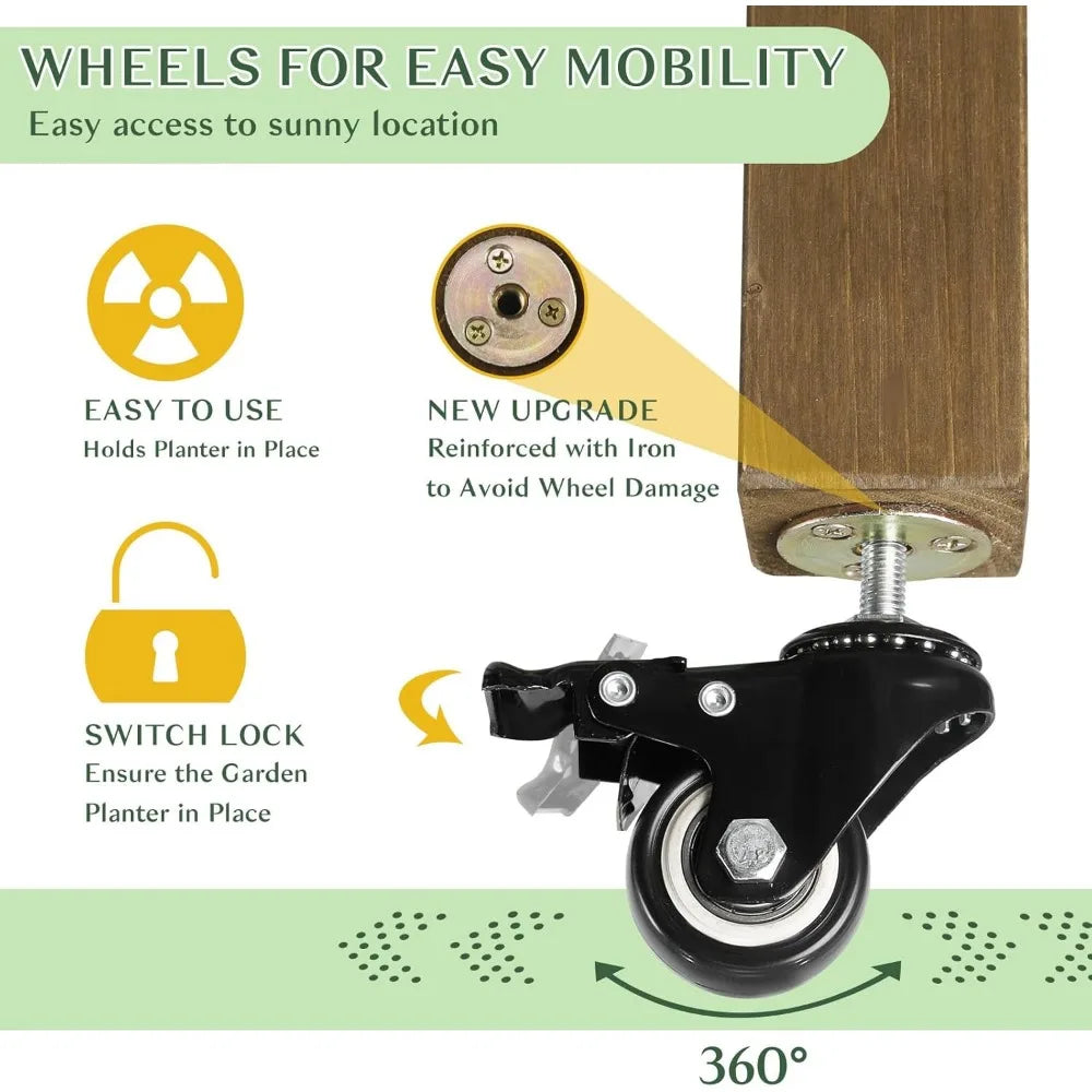Elevated Wooden Planter Box with Lockable Wheels for Gardens