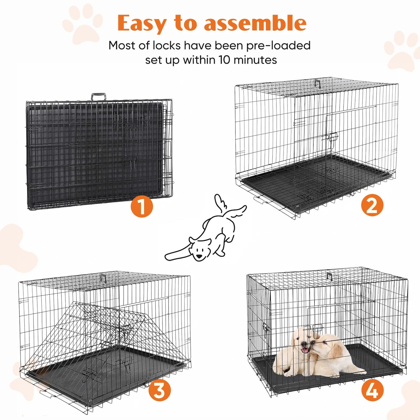 JHK Double Door Folding Dog Cage with Leak-Proof Tray