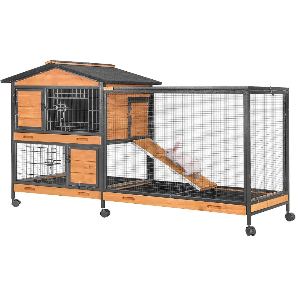 Chew-Resistant Metal Rabbit Hutch with Wheels and Leakproof Tray