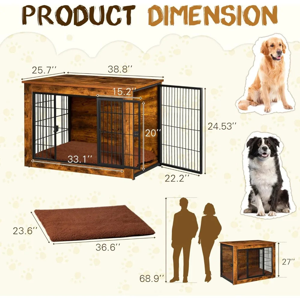 Dog Crate Furniture with Thick Cushion and Double Doors