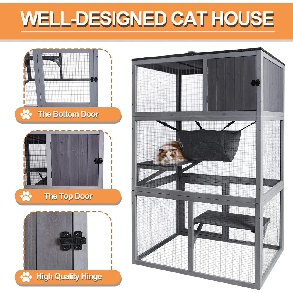 X-ZONE Pet Catio Wooden Cat House with Hammock and Resting Box