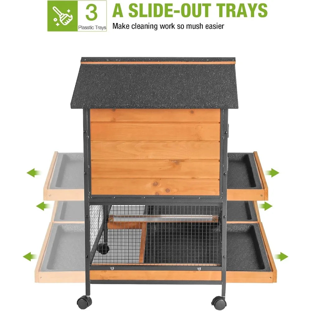 Chew-Resistant Metal Rabbit Hutch with Wheels and Leakproof Tray
