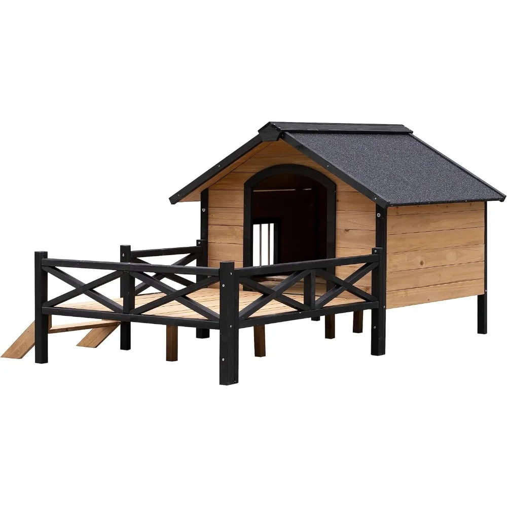 Outdoor Wooden Dog Kennel with Porch and Window Cabin Style