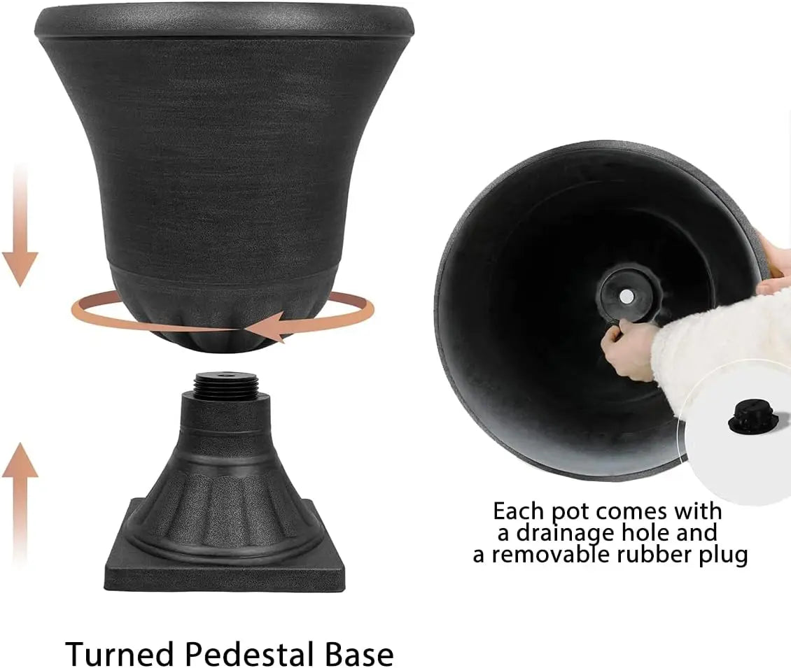Classic Black Plastic Urn Planters for Outdoor Plants 2-Pack