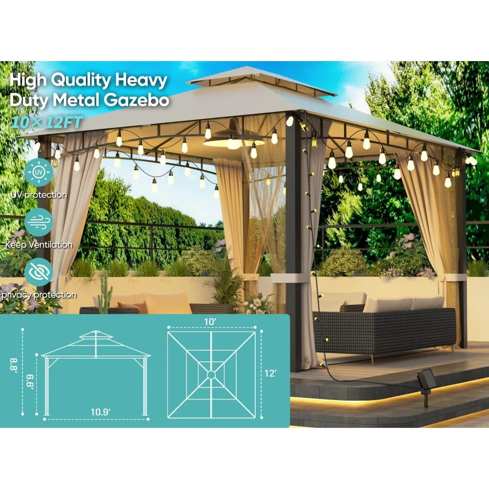 Heavy Duty Patio Gazebo with Double Roof and Privacy Curtains