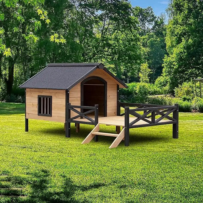 Outdoor Wooden Dog Kennel with Porch and Window Cabin Style