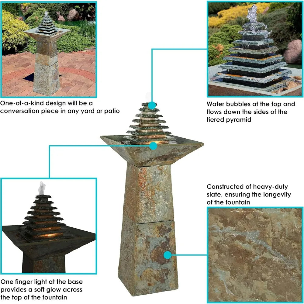 Layered Pyramid Outdoor Water Fountain with LED Lights