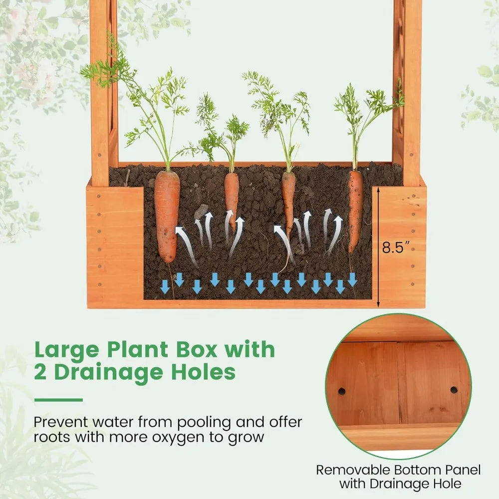 Elevated Raised Garden Bed with Trellis and Drainage Features