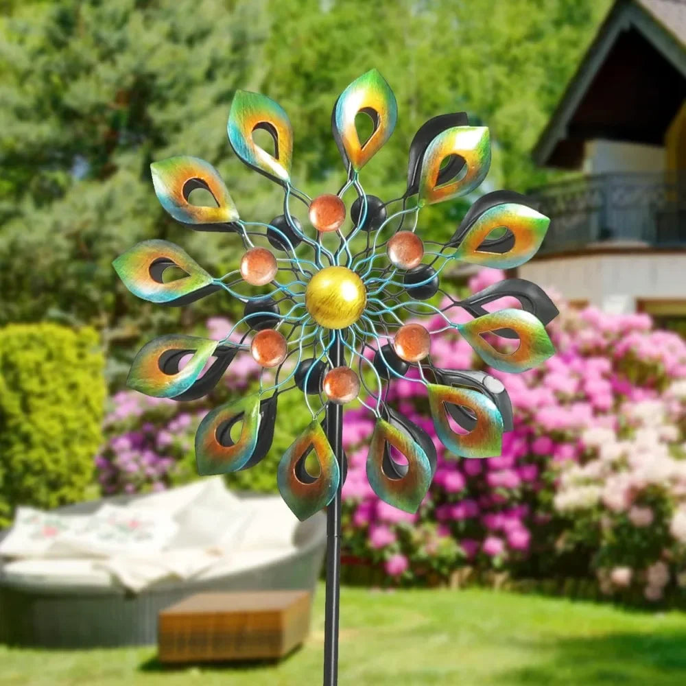 Kinetic Wind Spinner Garden Stake Metal Peacock Outdoor Decoration