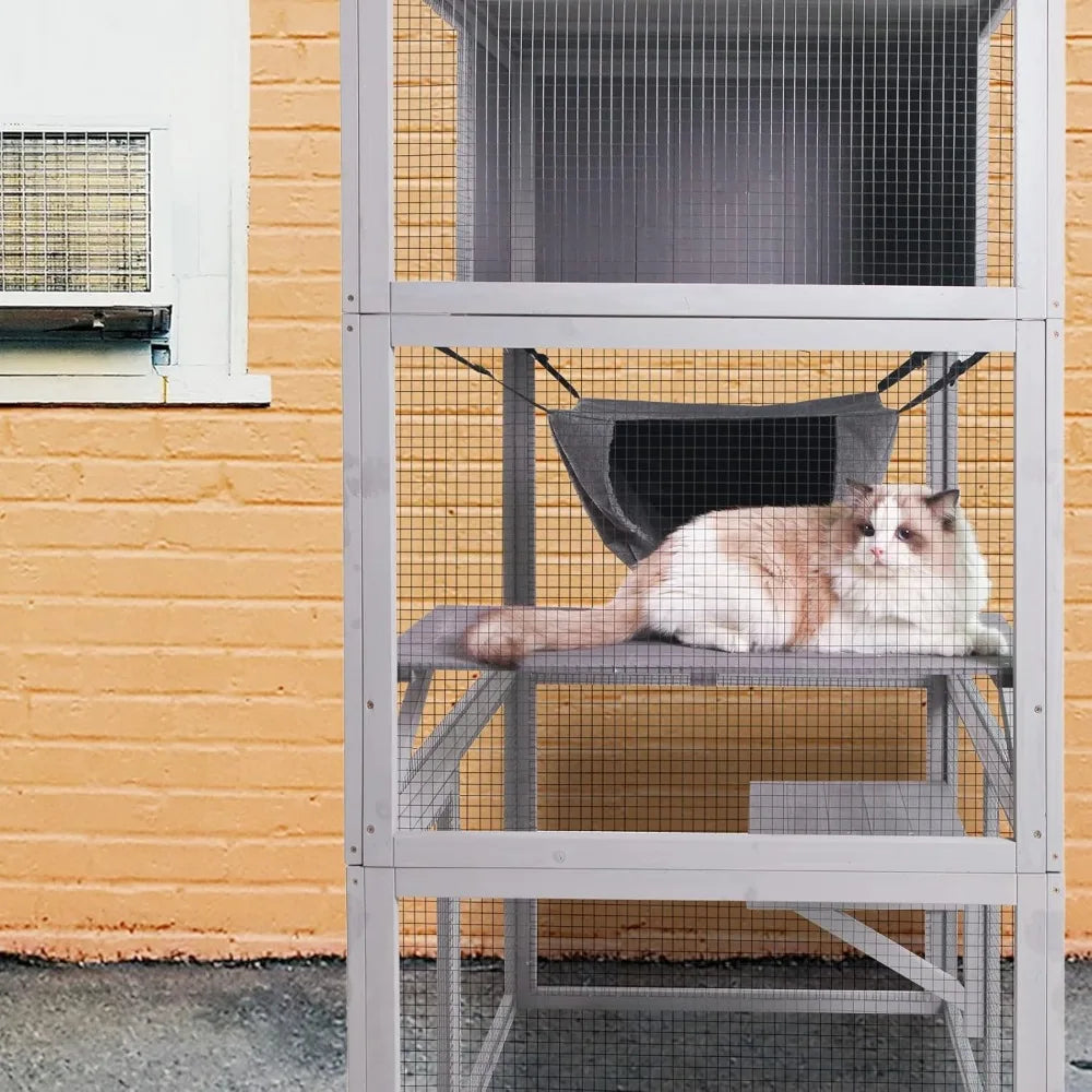 X-ZONE Pet Catio Wooden Cat House with Hammock and Resting Box