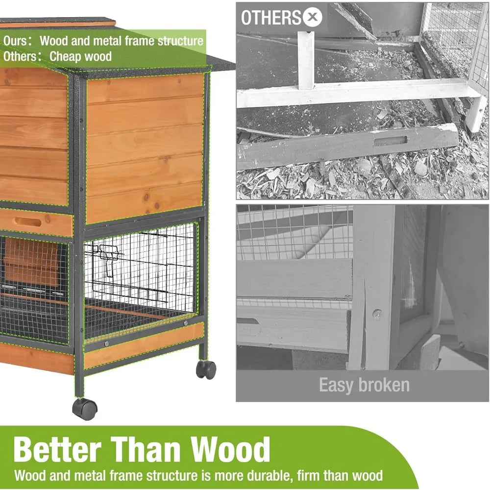 Chew-Resistant Metal Rabbit Hutch with Wheels and Leakproof Tray