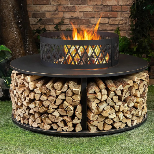 Outdoor Portable Fire Pit With Log Storage For Backyard Gatherings