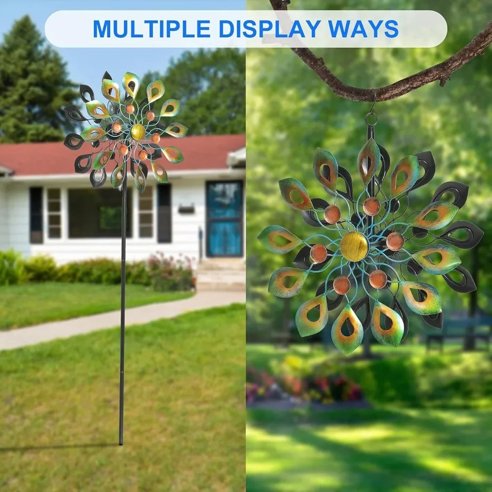 Kinetic Wind Spinner Garden Stake Metal Peacock Outdoor Decoration