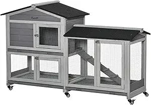 Wooden Rabbit Hutch with Wheels and Removable Tray for Small Animals