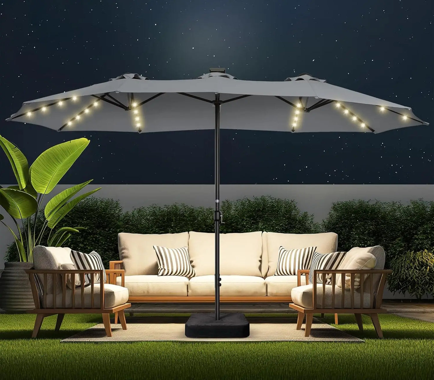 Double Sided Patio Umbrella with Solar Lights for Outdoor Enjoyment