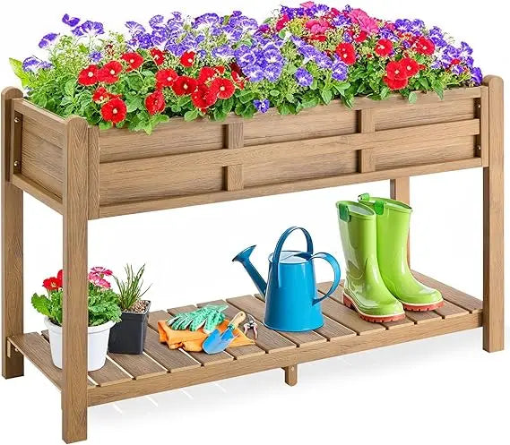 Outdoor Elevated Garden Bed with Storage Shelf and Drainage Holes