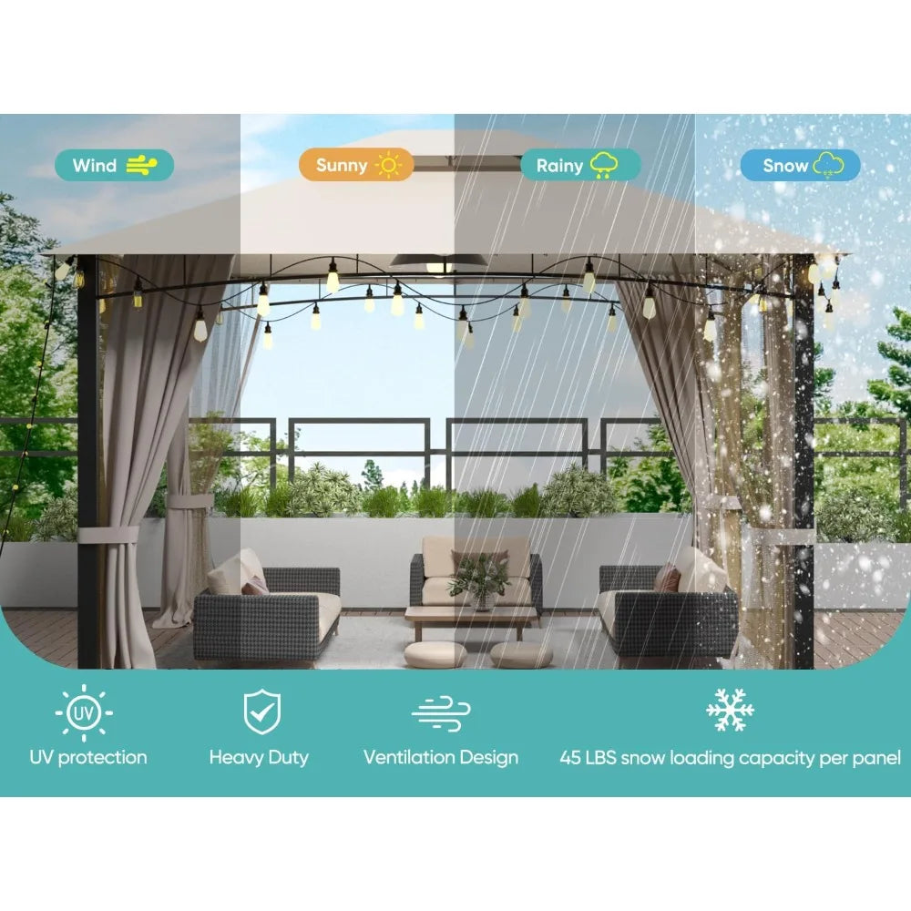Heavy Duty Patio Gazebo with Double Roof and Privacy Curtains