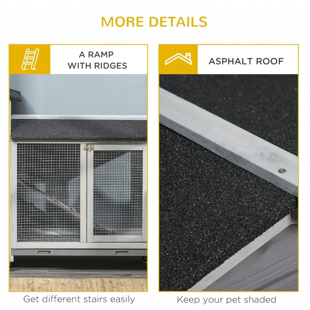 Wooden Rabbit Hutch with Wheels and Removable Tray for Small Animals