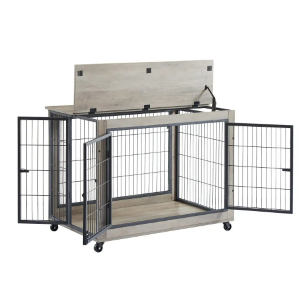 Elegant Wooden Dog Crate Furniture with Top Opening and Wheels
