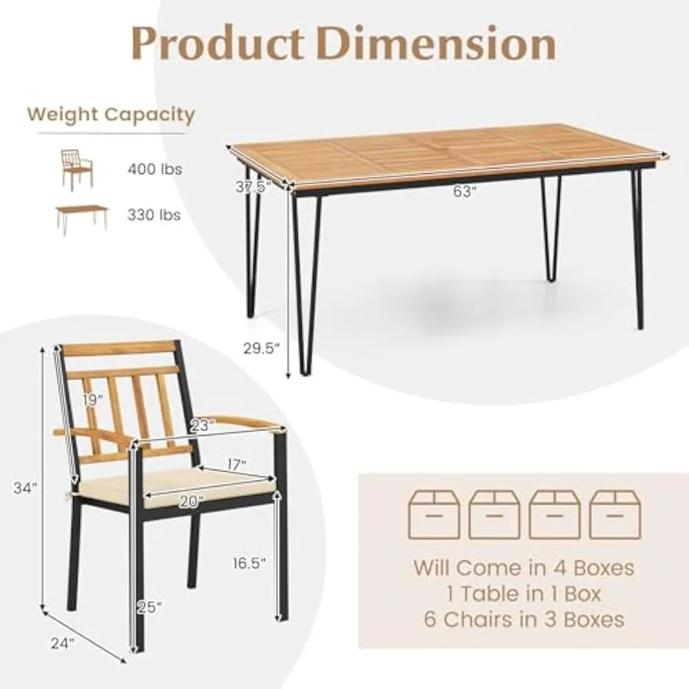 Modern Acacia Wood Patio Dining Set with Cushions and Umbrella Hole