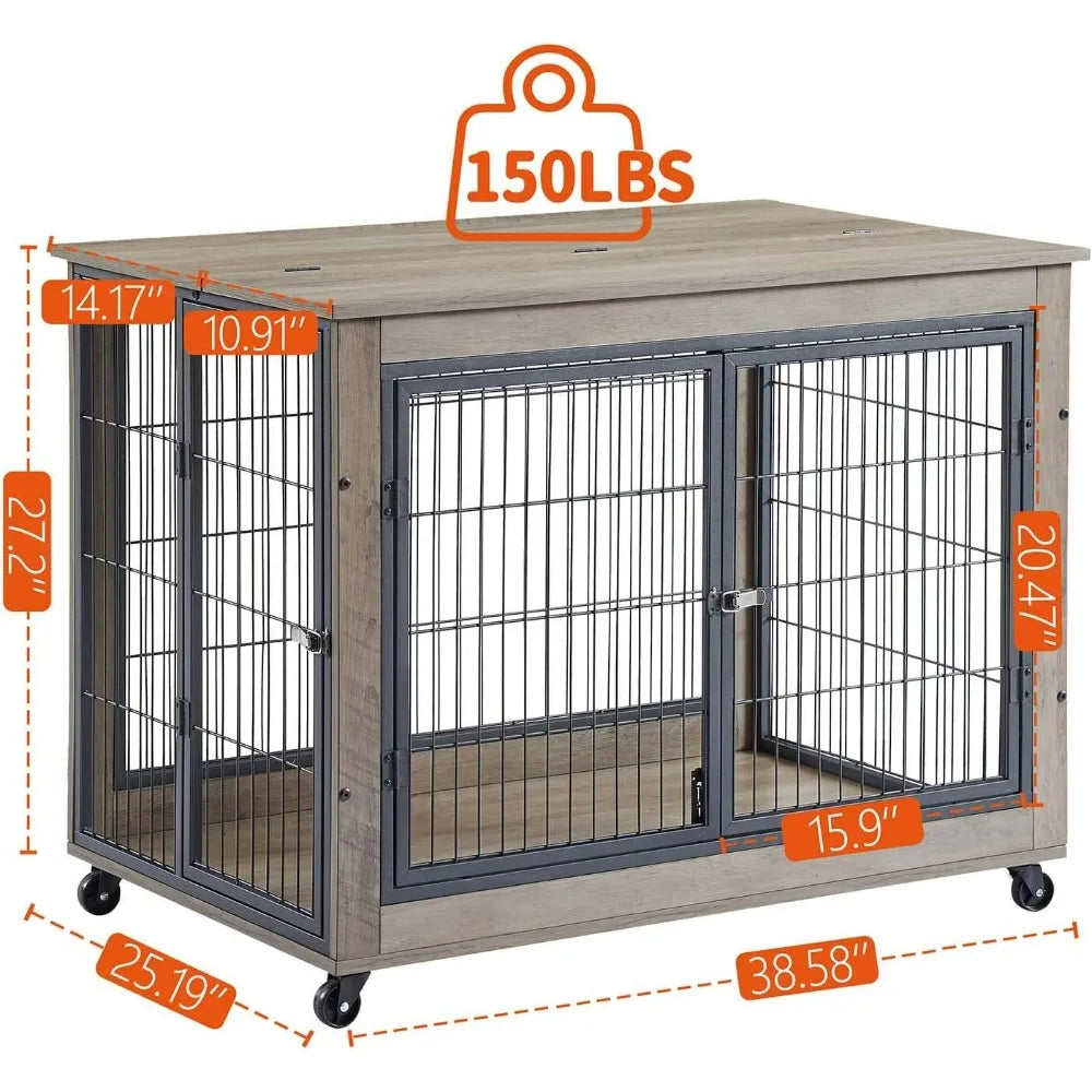 Elegant Wooden Dog Crate Furniture with Top Opening and Wheels