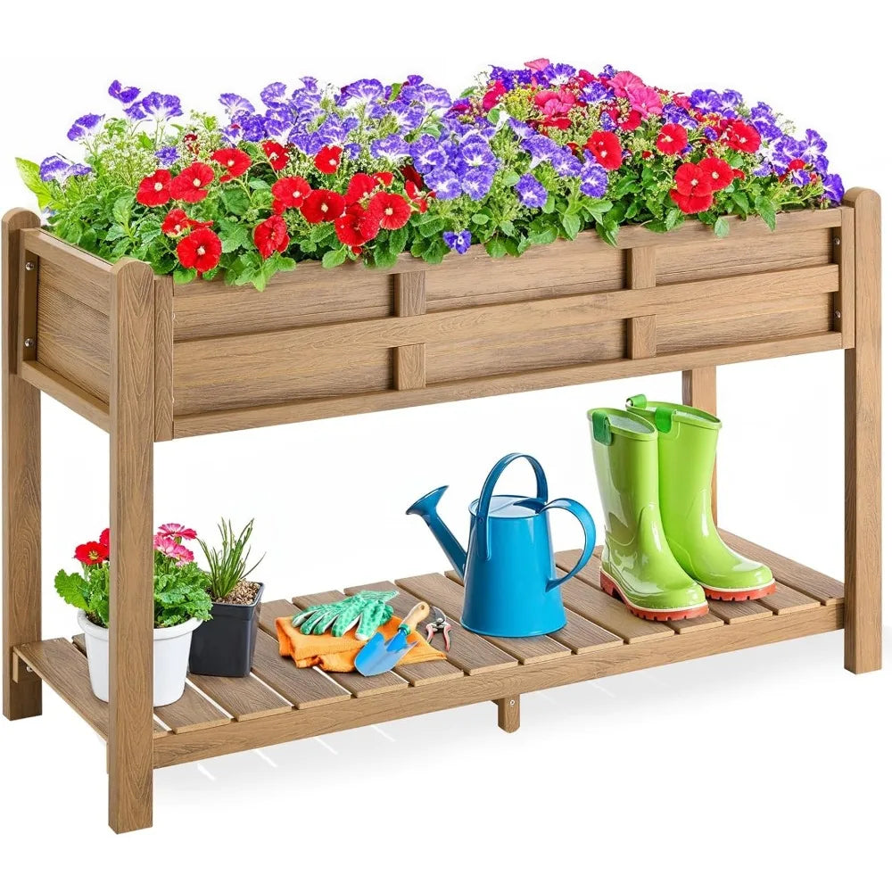 Outdoor Elevated Garden Bed with Storage Shelf and Drainage Holes