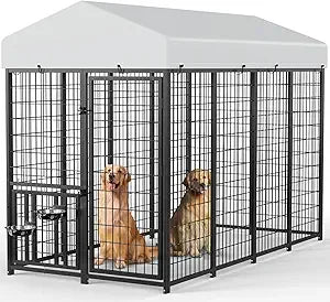 Durable Outdoor Dog Kennel with Rotating Feeder Bowls