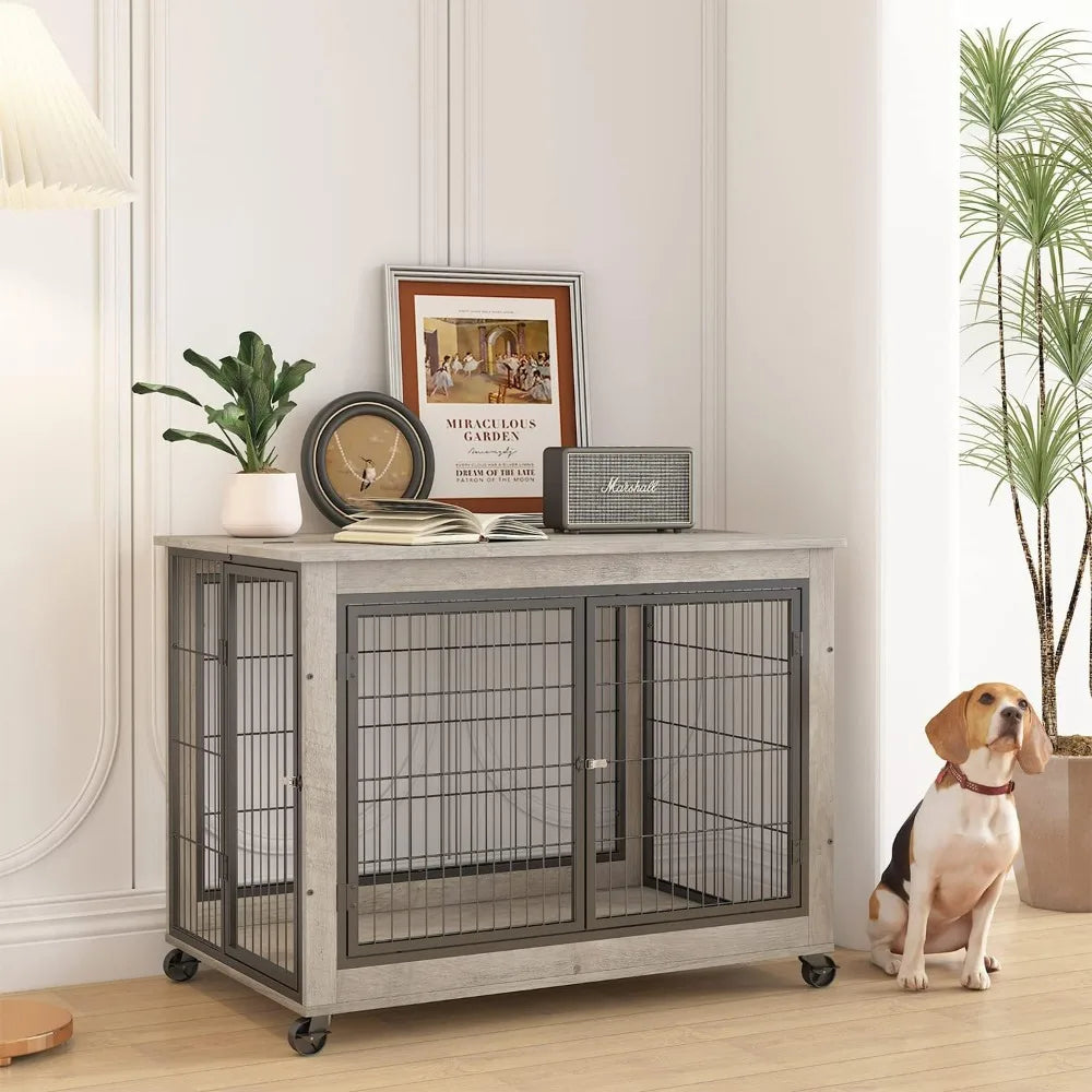 Elegant Wooden Dog Crate Furniture with Top Opening and Wheels