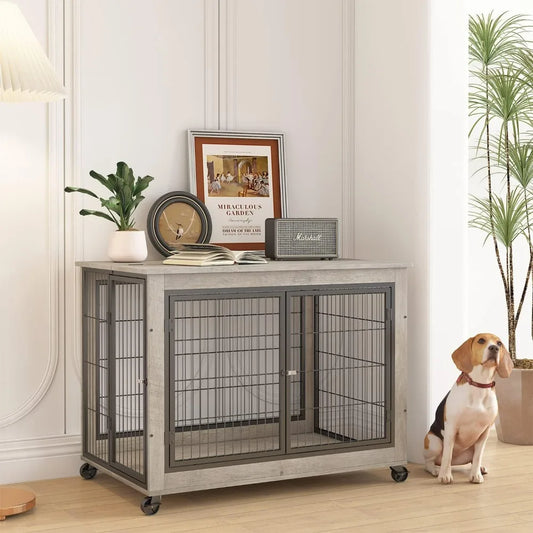 Elegant Wooden Dog Crate Furniture with Top Opening and Wheels