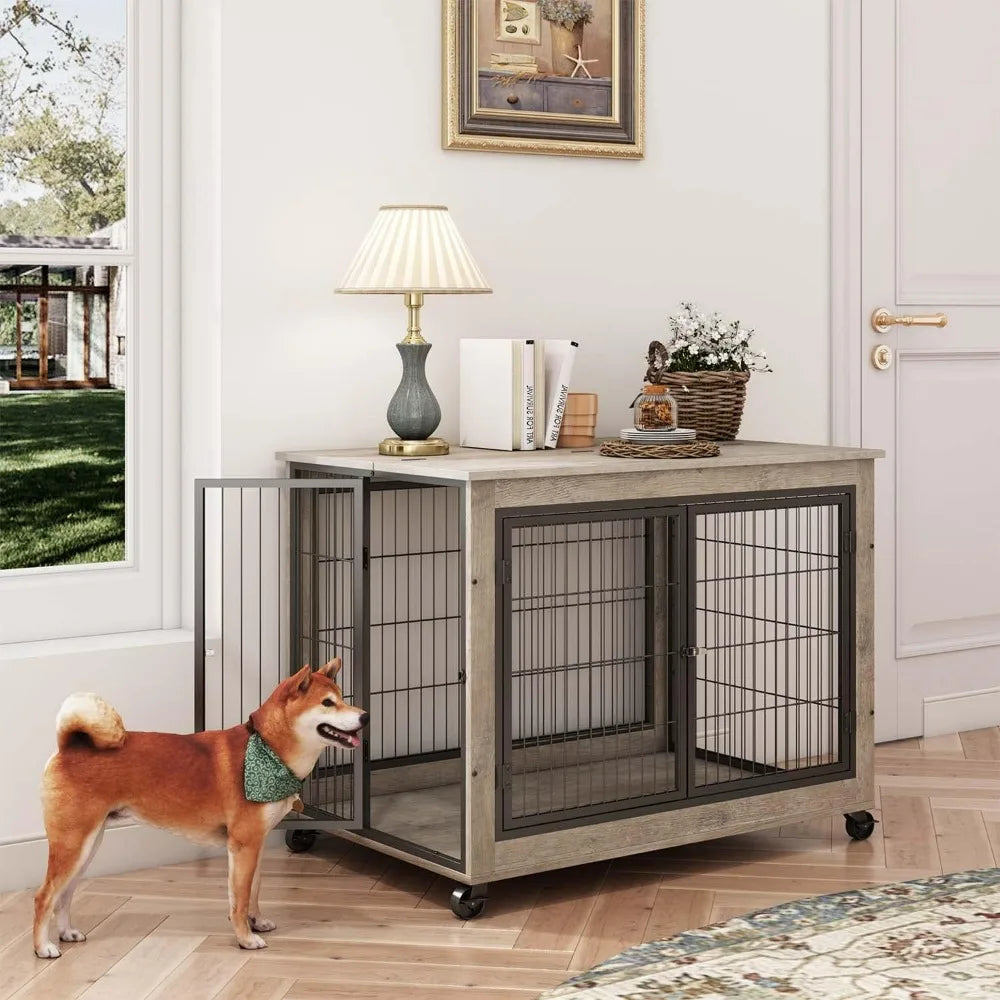 Elegant Wooden Dog Crate Furniture with Top Opening and Wheels