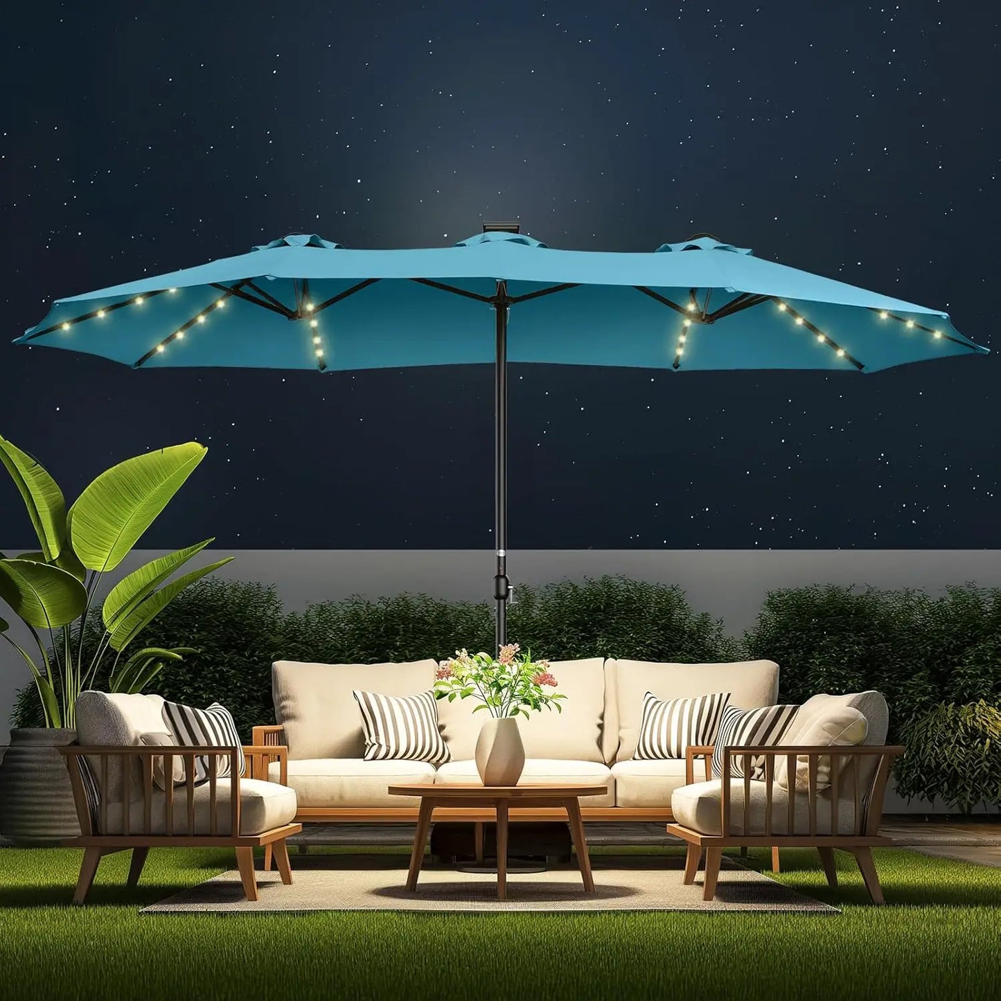 Double Sided Patio Umbrella with Solar Lights for Outdoor Enjoyment