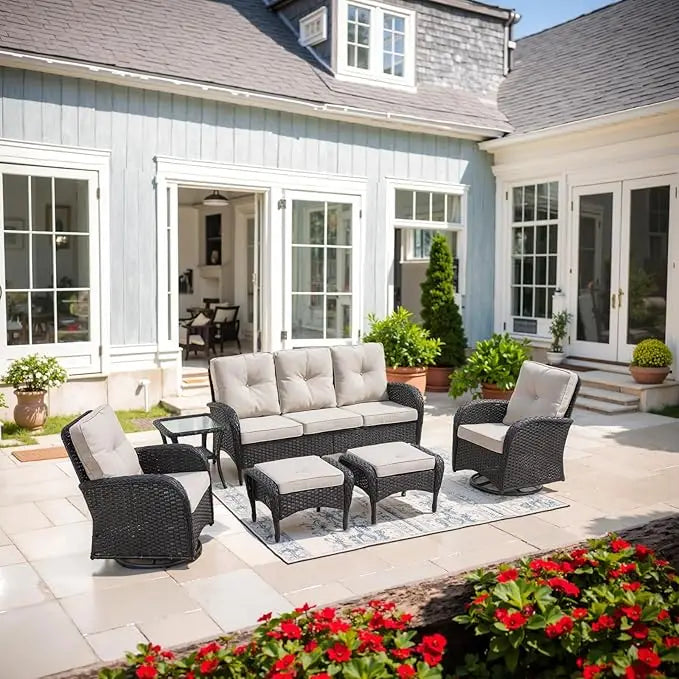 Modern Wicker Patio Conversation Set with Swivel Rocker Chairs
