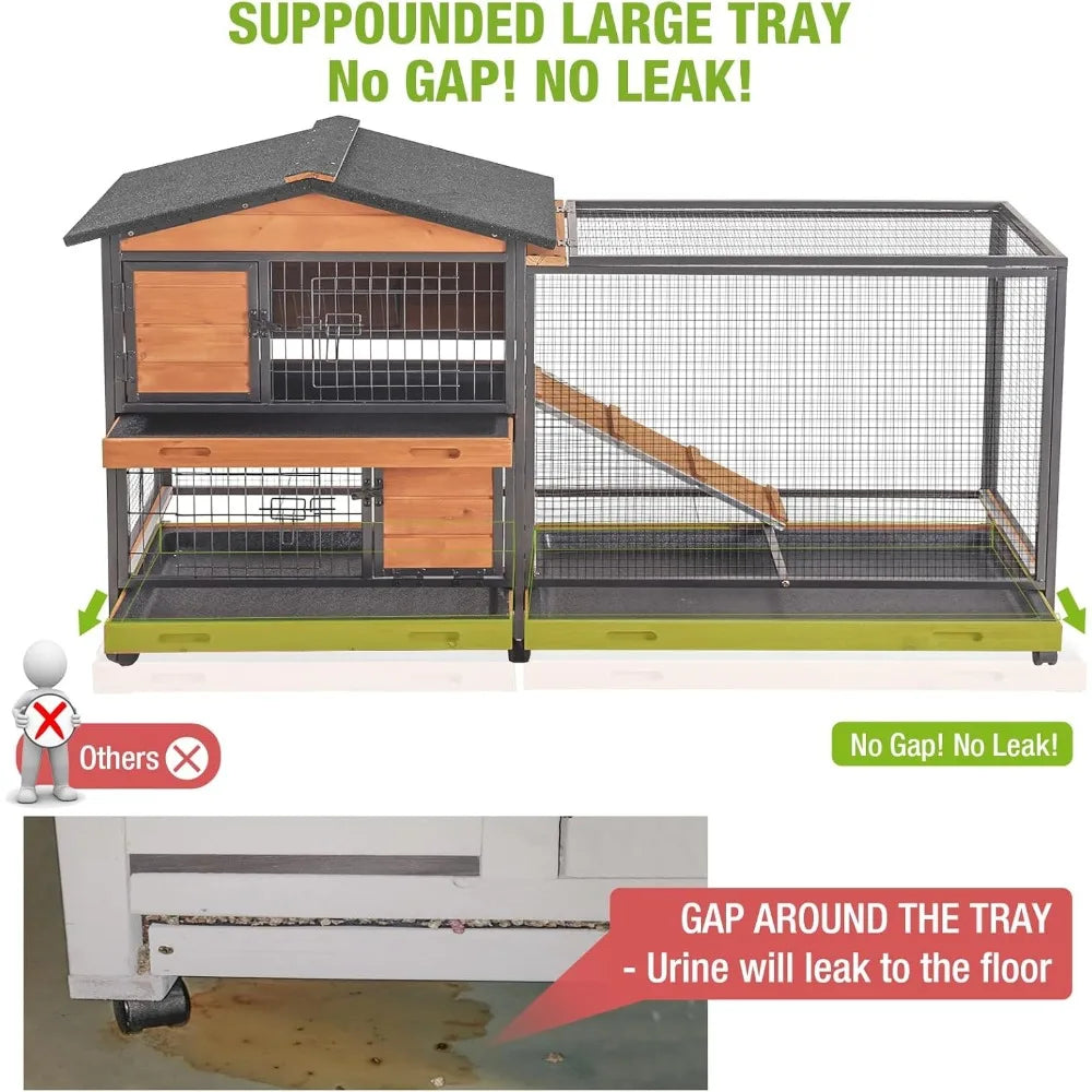 Chew-Resistant Metal Rabbit Hutch with Wheels and Leakproof Tray