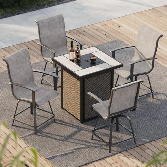 5-Piece Outdoor Swivel Bar Set with Fire Pit Table