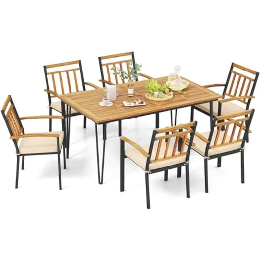 Modern Acacia Wood Patio Dining Set with Cushions and Umbrella Hole